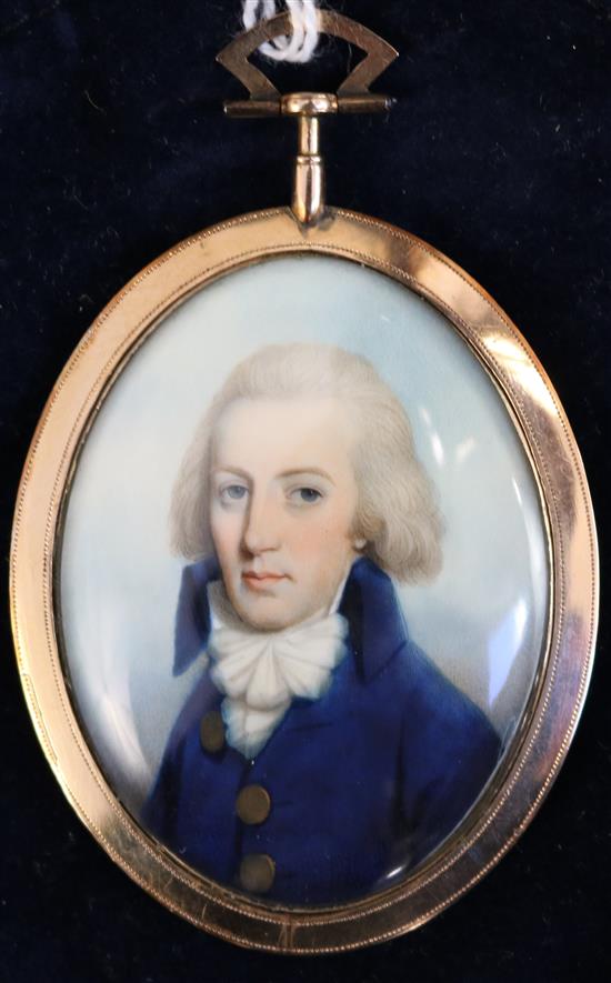 Thomas Hazlehurst (c.1740-c.1821) Miniature of a gentleman wearing a blue coat with large gold buttons 2.25 x 1.75in., gold frame